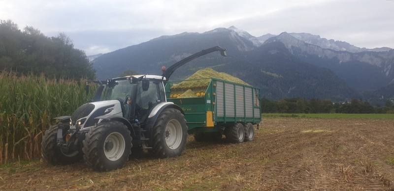Traktor mit gefülltem Häckselwagen am Rand eines Maisfelds vor Bündner Bergen